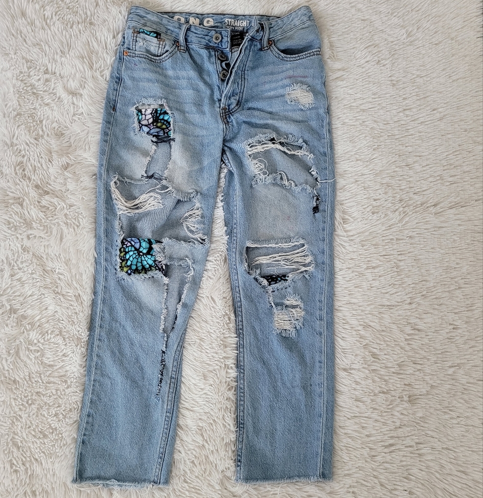 Custom Song straight fit high rise jeans, size 3/26, "stained glass" patches.